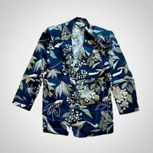 Rafaella Vintage Oversized Black Green Floral Ramie Blazer Womens 8